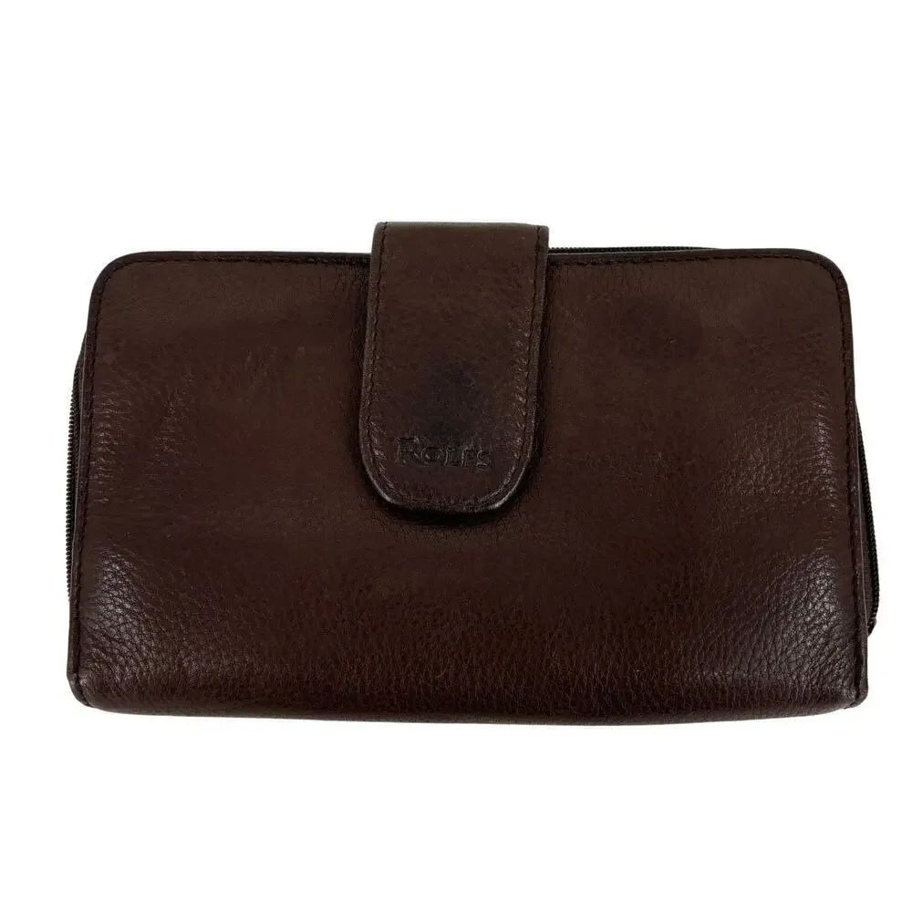 Rolfs Checkbook Wallet Brown Leather Zip Around Magnetic‎ Snap 7.5 x 4 Inch